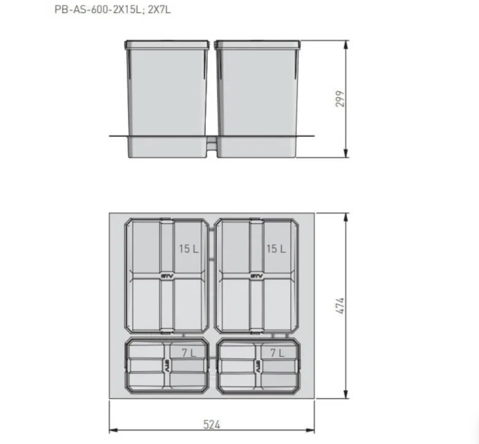 Pojemniki do segregacji AxiSpace, do szerokości szuflady 600 mm, 2X15L, 2X7L - obrazek 3