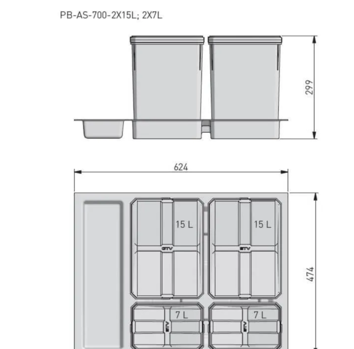 Pojemniki do segregacji AxiSpace, do szerokości szuflady 700 mm, 2X15L, 2X7L - obrazek 3