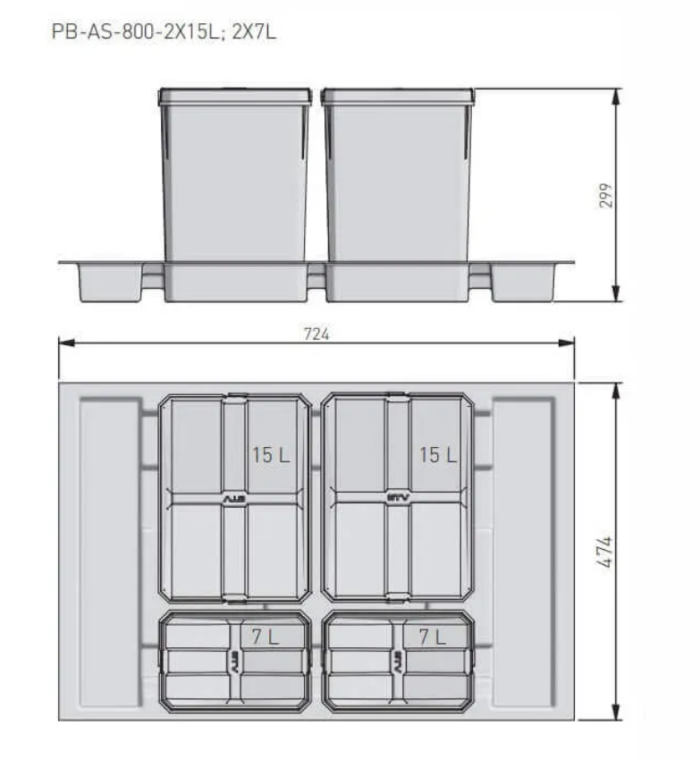 Pojemniki do segregacji AxiSpace, do szerokości szuflady 800 mm, 2X15L, 2X7L - obrazek 3