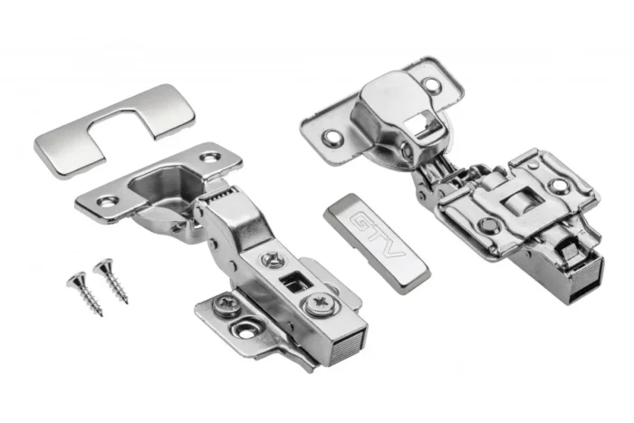 Zawias GTV ECHC, bliźniaczy, H=0, cichy domyk, prowadnik, logo PRESTIGE, clip-on, bez euro